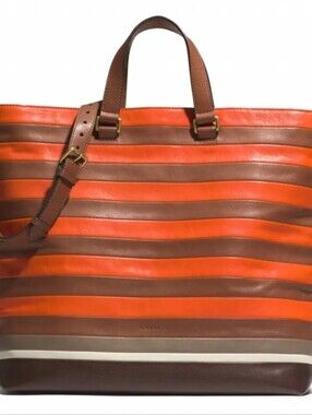 Coach Striped Leather Tote in Orange And Brown